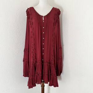 Free People Dress Womens Large Mini Red Ruffle Eyelet Long Sleeve Snow Angel